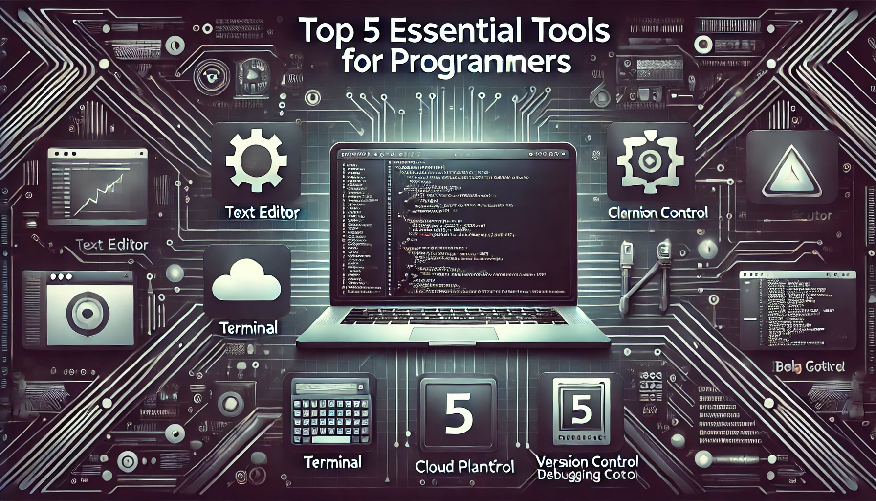 Here is a thumbnail image for Top 5 Essential Tools for Programmers. Let me know if you'd like any adjustments!